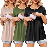 Ekouaer Womens Nursing Tops 3 Packs Short Sleeve Breastfeeding Shirts Double Layer Postpartum Shirt S-XXL