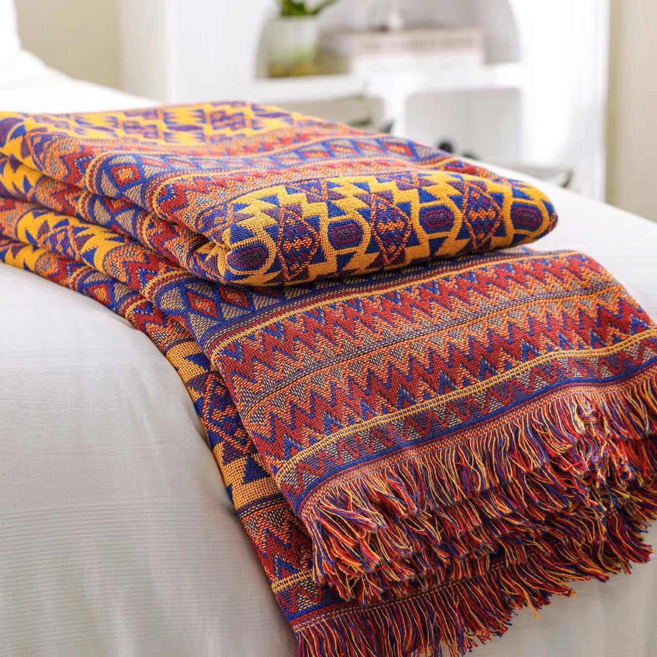 VANJOROY Bohemian Sofa Throw Blanket with Tassels, 100% Handwoven Cotton Knitted Decorative 90x90cm Small Armchair Throw for Seater Settees Couch and Bed