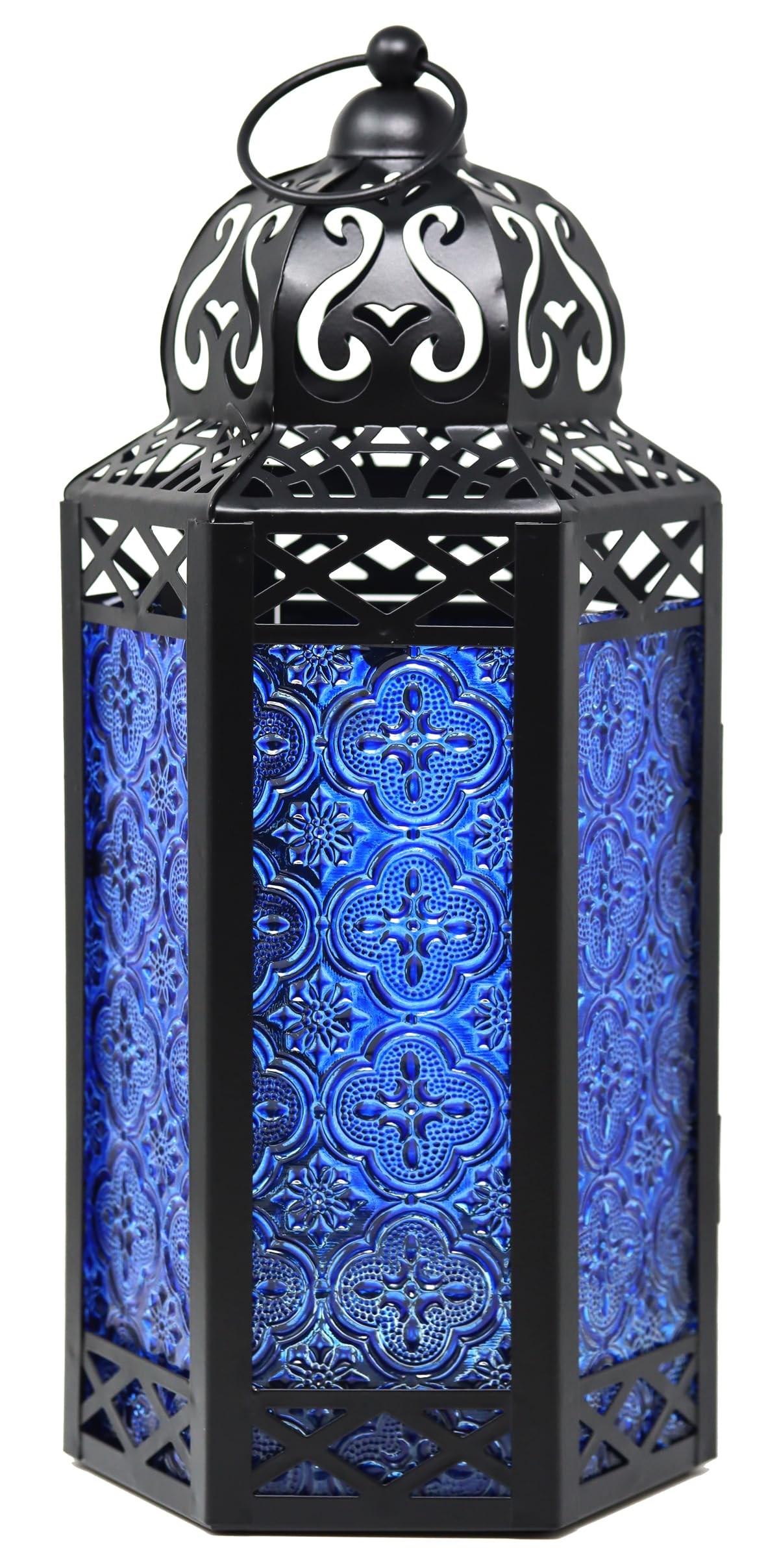 Black Metal Decorative Moroccan Lantern Candle Holder Lamp for Indoor or Outdoor Home Decor, Large, Cobalt