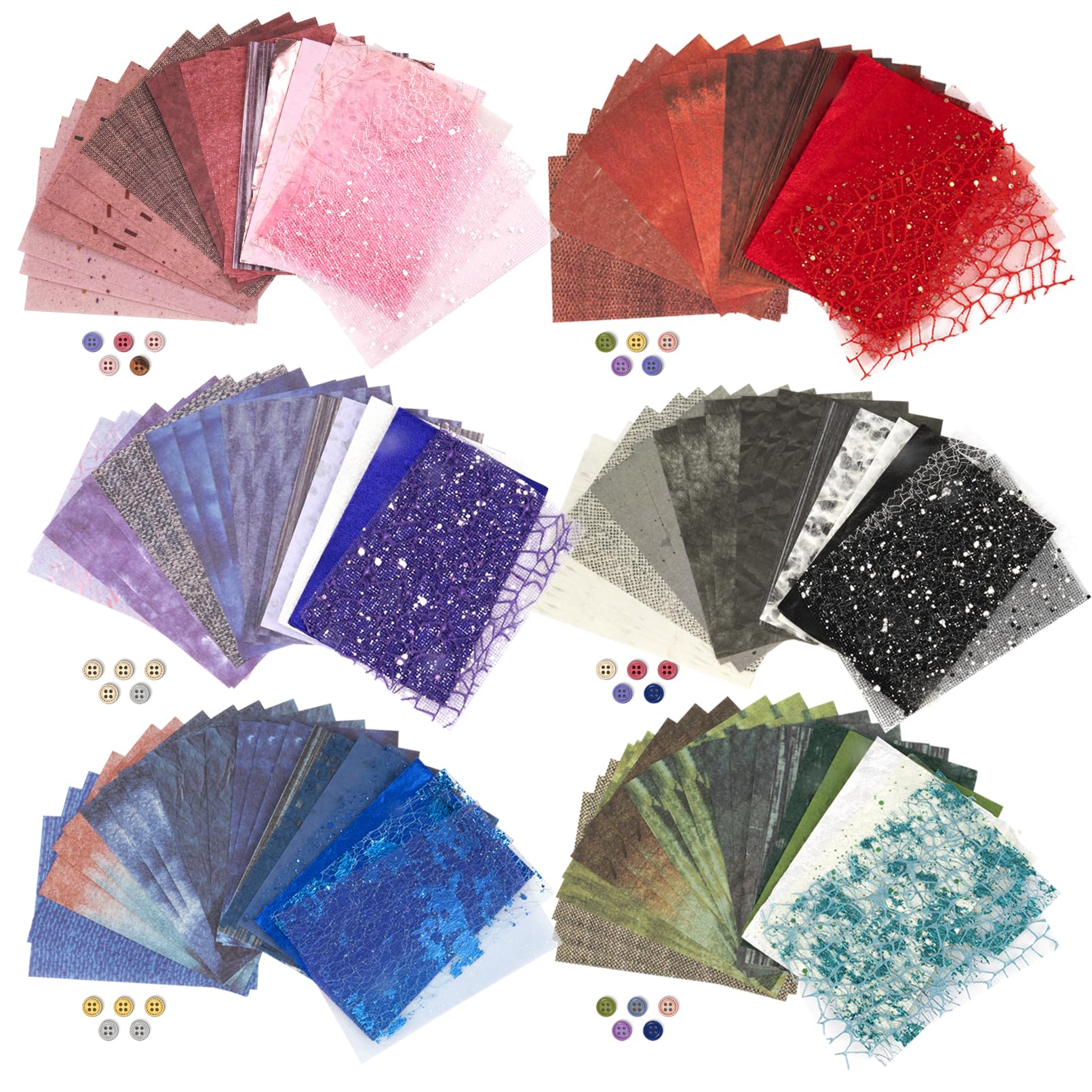 Photo 1 of 132 Sheets Textured Scrapbook Paper and Mesh Fabric Assorted Set, 6 Pack Mixed Special Paper for Scrapbooking Planner Bullet Junk Journal Supplies 5.5x4 Inch