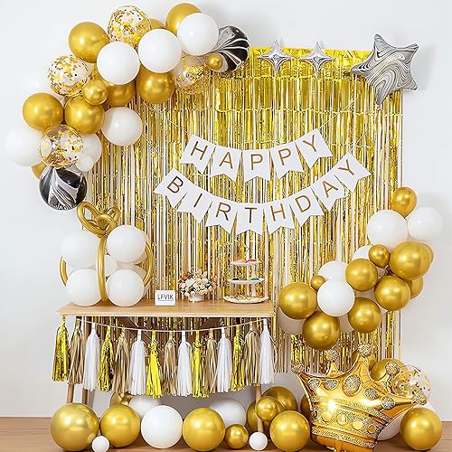 DERAYEE Birthday Party Decorations,White and Gold Balloon Birthday Decorations Happy Birthday Banner Golden Fringe Curtain for Women Men Kids Party Decor