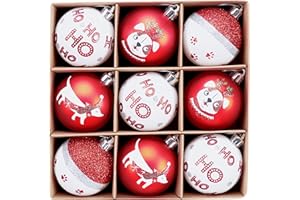 DECOR BY HANNAH DecorbyHannah Christmas Ornaments, Red White Christmas Tree Decorations, 9ct 60mm Shatterproof Hanging Pet Dog Theme Christmas Ball Ornaments for Tree, Home Indoor Party Decor