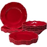ZAROCRUS 12 pcs Christmas Holiday Melamine Dinnerware Set, Ruffled Rim With Beaded Plates and Bowls Set of 4, Lightweight yet Durable Dishes tableware Set, Ideal for parties, camping, and RV trips
