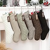 Skicuff 6 Pcs 20'' Neutral Personalised Christmas Stockings, Rustic Farmhouse Cable Knitted Fireplace Hanging Stocking with Wooden Name Tags, Boho Earth Tones Xmas Gifts for Family Holiday Party Decor