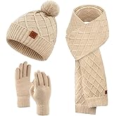 YARIEW Winter Hat Scarf and Gloves Set for Women, Warm Knitted Beanie with Pom Pom, Soft Ear Warmer Scarf, Warm Gloves