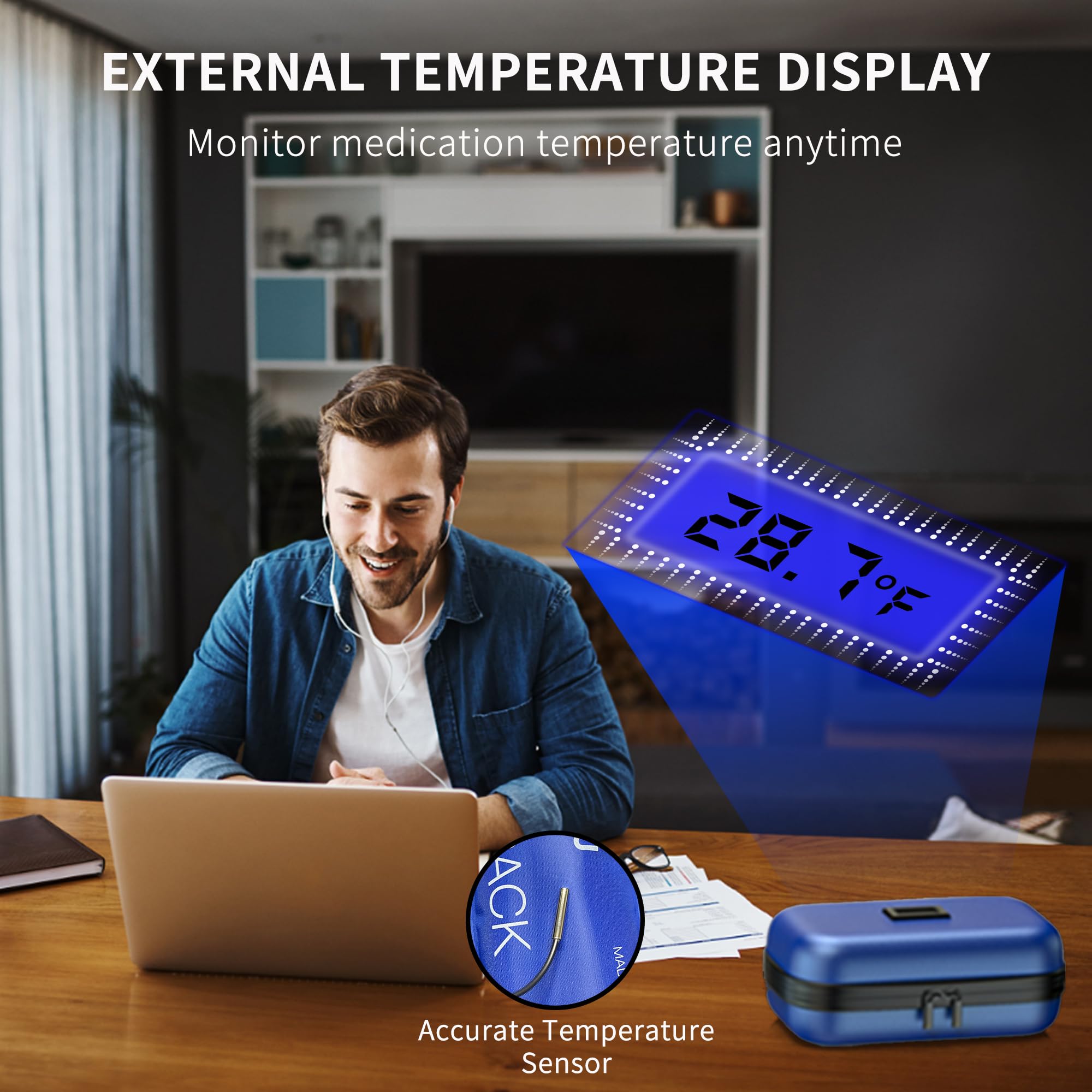 WOODAKE Insulin Cooler Travel Case TSA Approved Medication Cooler with Digital Temp Display 2 Ice Packs for Insulin Travel Case Diabetes Storage 4-6 Pens
