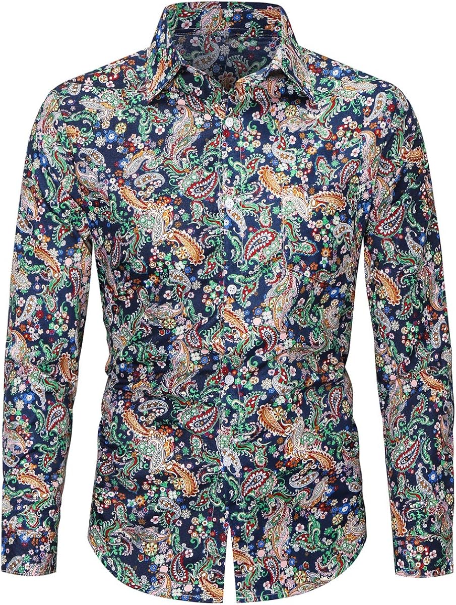 Men's Paisley Shirt, Novelty Retro Floral Print Button Up Slim Fit