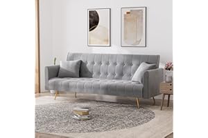 OUYESSIR Velvet Futon Sofa Bed with 2 Pillows, Convertible Futon Couch, Sturdy Sleeper Sofa in 71 inch, Small Futon Sofas (Grey)