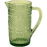 Boston International Vintage-Inspired Glass Pitcher with Embossed Floral Pattern, 4.5" x 7.75", Olive Green Codi
