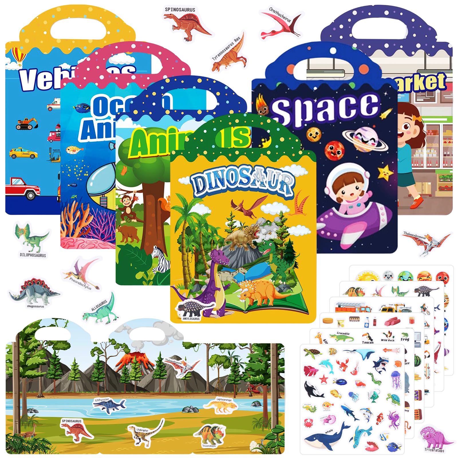 KMFYMPT 6 Pack Reusable Sticker Book, 3D Stickers, Sticker Books, Featuring 6 Themes Supermarkets, Dinosaurs, Space, Oceans, Animals, Vehicles, Fostering Holistic Development