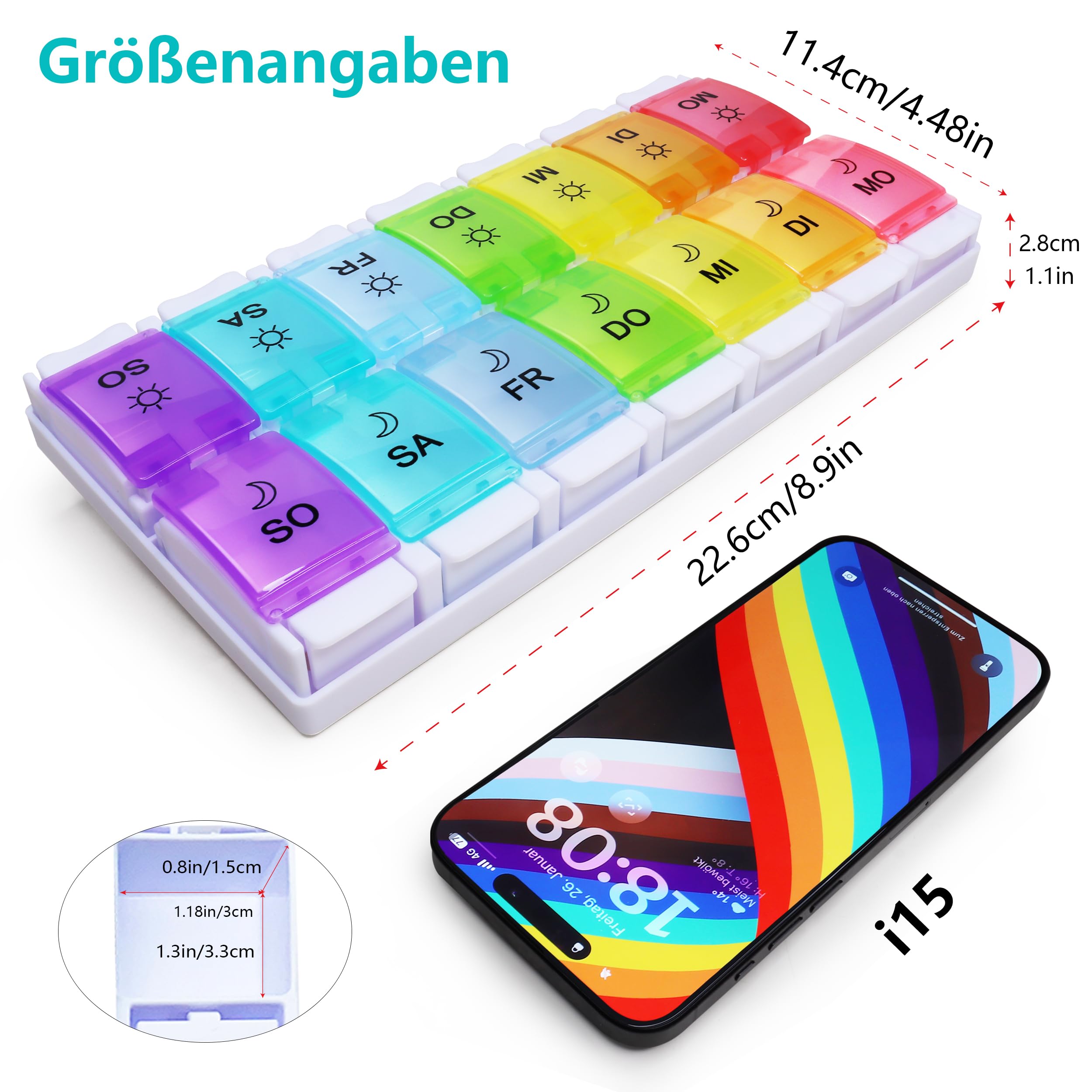MOLN HYMY Medikamentenbox 7 Tage 2 Fächer, Pillendose Morgens Abends, Große Kapazität, BPA-frei, 14 Fächer, Druckknopf (Regenbogen) 6