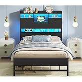 BTHFST Twin Bed Frames with Headboard & Charging Station, LED Bed Frame Twin with 5 Storage Shelves & Under Bed Storage, Platform Bed Frames for Kids, No Box Spring Needed, Black