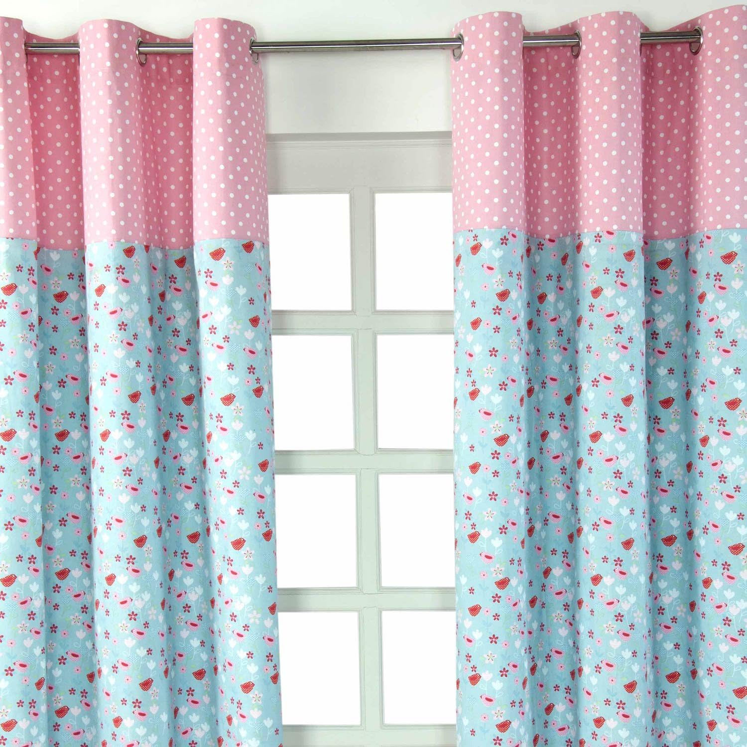 HOMESCAPES Bird and Flowers Eyelet Curtains 100% Cotton Red - Image 4