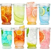 Claplante Vintage Drinking Glasses, 8 pcs Embossed Designed Highball Glasses, 16oz Glass Cups, Tall Water Glass Tumbler, Mojito Cup, Cocktail Glass, Vintage Glassware Set for Juice, Cocktail, Whiskey
