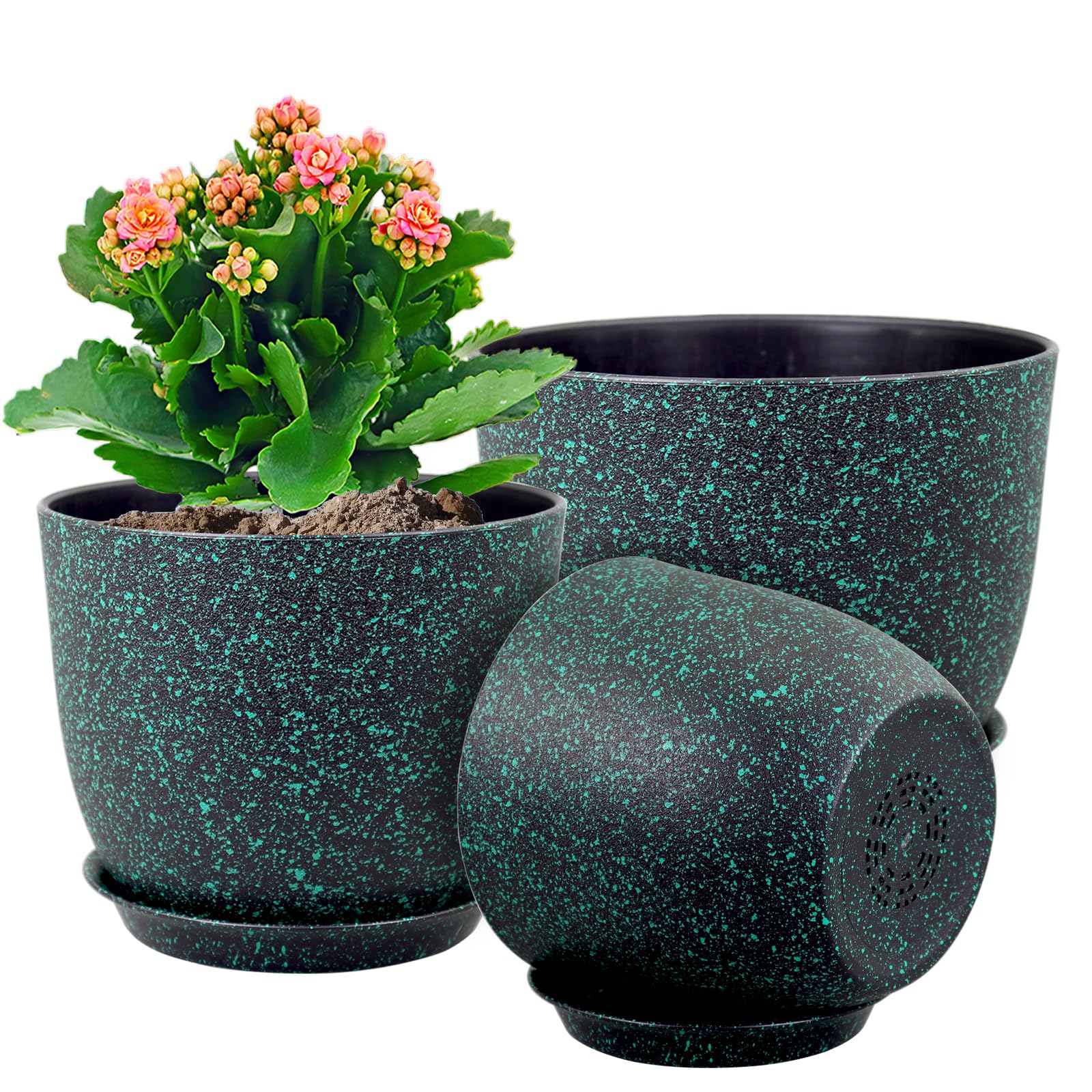 Photo 1 of WSMKSZ Large Flower Pots 12/10/9 inch, Set of 3 Decorative Plastic Planters with Drainage Holes and Saucers for Garden House Plants, Plant Pots for Indoor Outdoor Plants, Black with Green Speckles