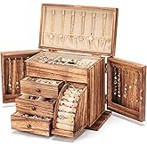 Poyilooo Jewelry Box Organizer, Solid Wood Jewelry Boxes for Women for Storage & Display Necklace Ring Earring Bracelet, Rustic Style Jewelry Organizer Box for Women Gifts (Carbonized Brown)
