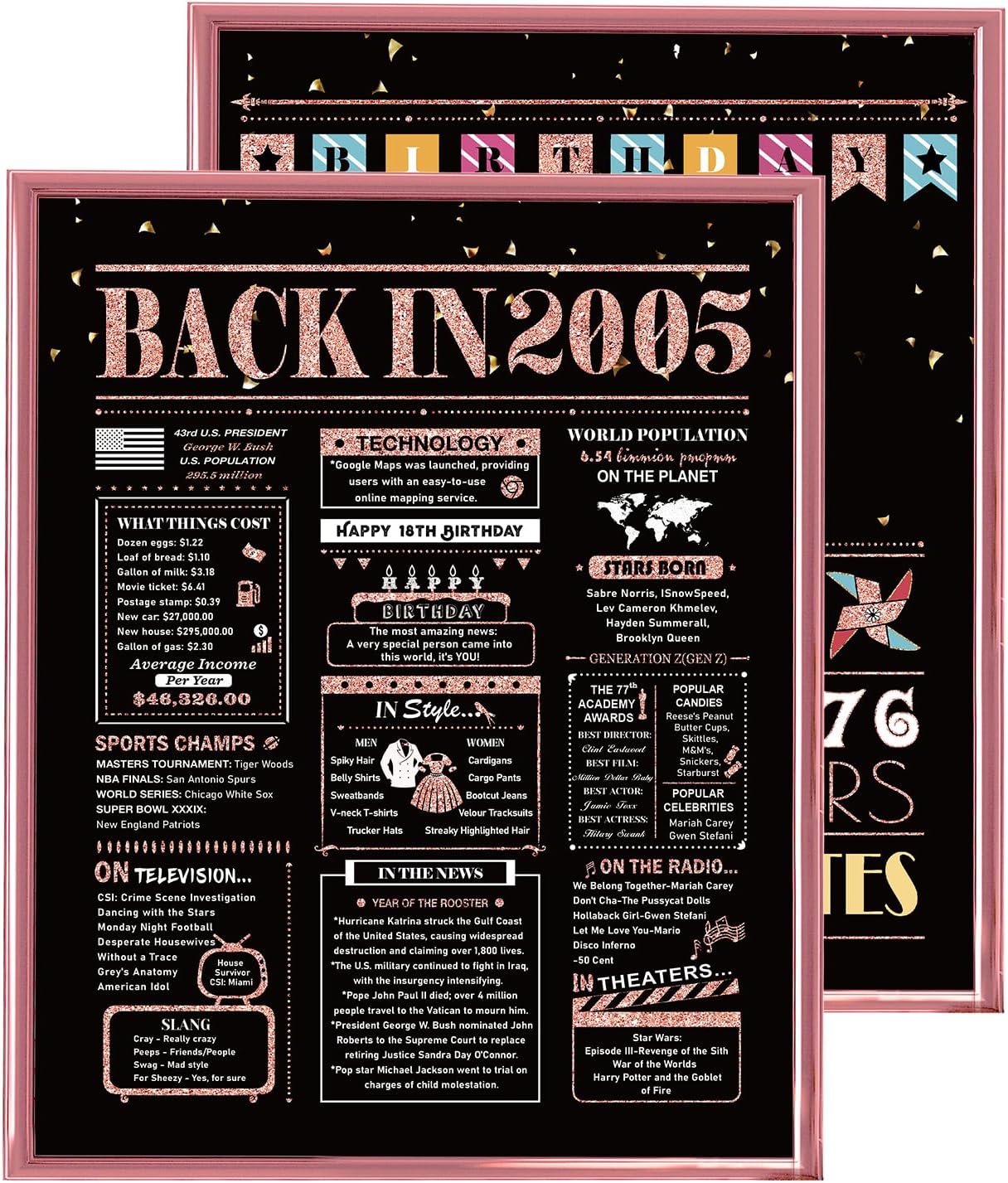 Wall Décor - 18th Birthday Posters, 2 Pieces 18th Birthday Decorations for Girls, 18th Birthday Gifts for Daughter, Back in 2005 Birthday Poster (Unframed), 8x10 Inch, Rose Gold