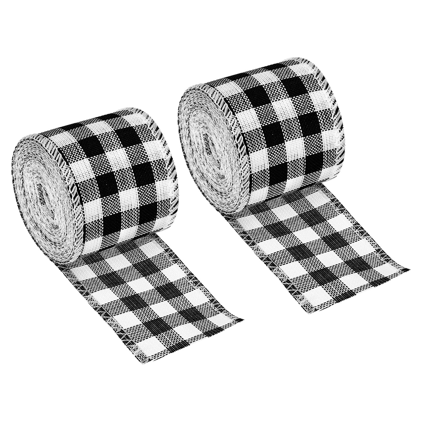 PATIKIL 2.36 Inch Wide 6.56 Yards Polyester Gingham Ribbon Wired Edge Ribbon, 2 Pack for Christmas Decoration Wrapping Black and White