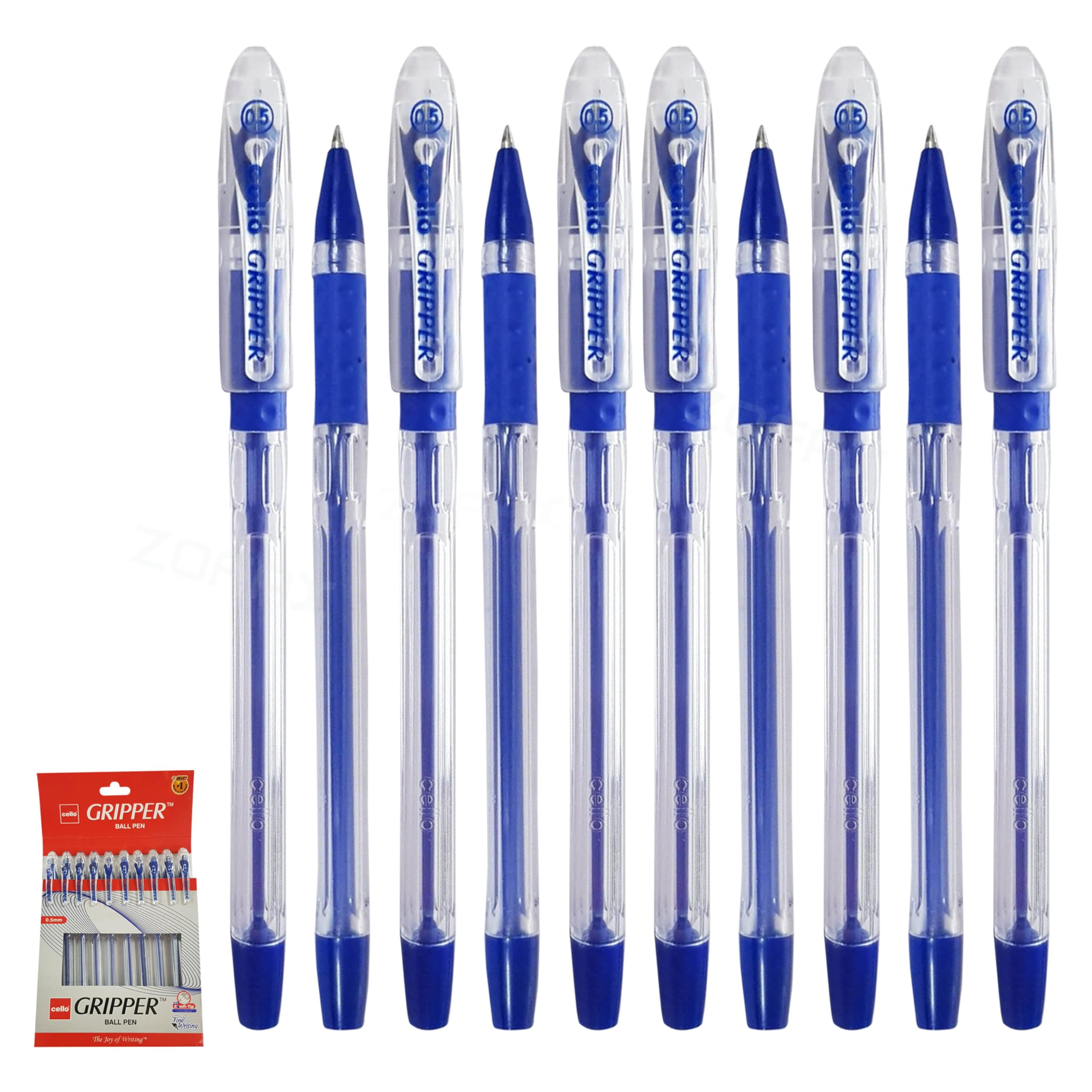 Gripper Ballpoint Pens, BLUE, Fine Point (0.5mm), Pack of 10, Elasto Soft Grip, Smooth Writing, Perfect for School Office Home Use, iZOFAX Black Ball Pen