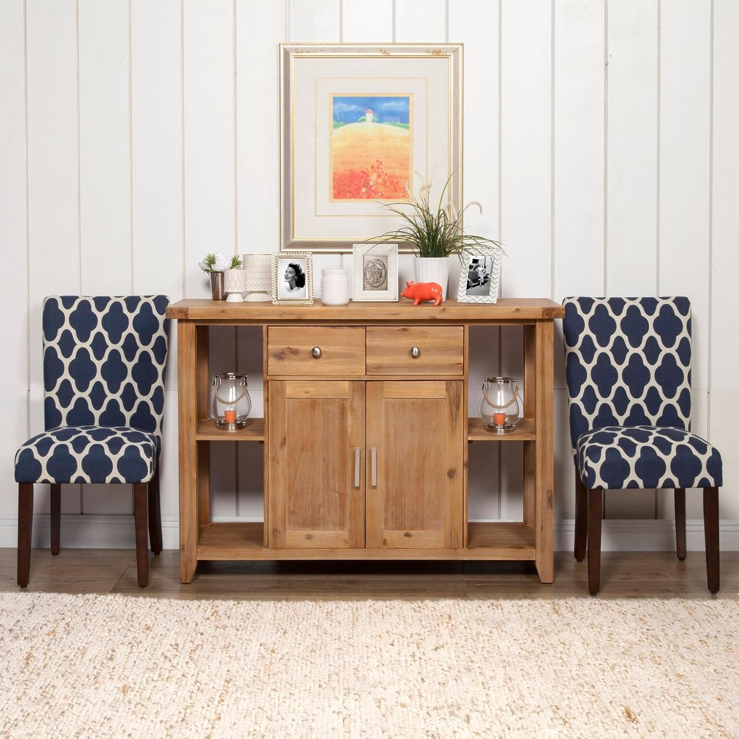 HomePop Parsons Classic Upholstered Accent Dining Chair, Set of 2, Navy and Cream Geometric - - Chairs
