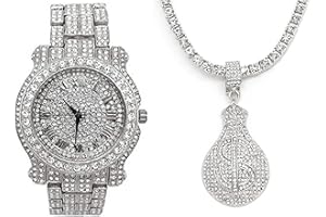 Charles Raymond Bling-ed Out Rapper Favorites - Ice'd Pendant w/Gold or Silver Necklace & Fully Bling'd Out Luxurious Gold or Silver Watch Set - NW2021