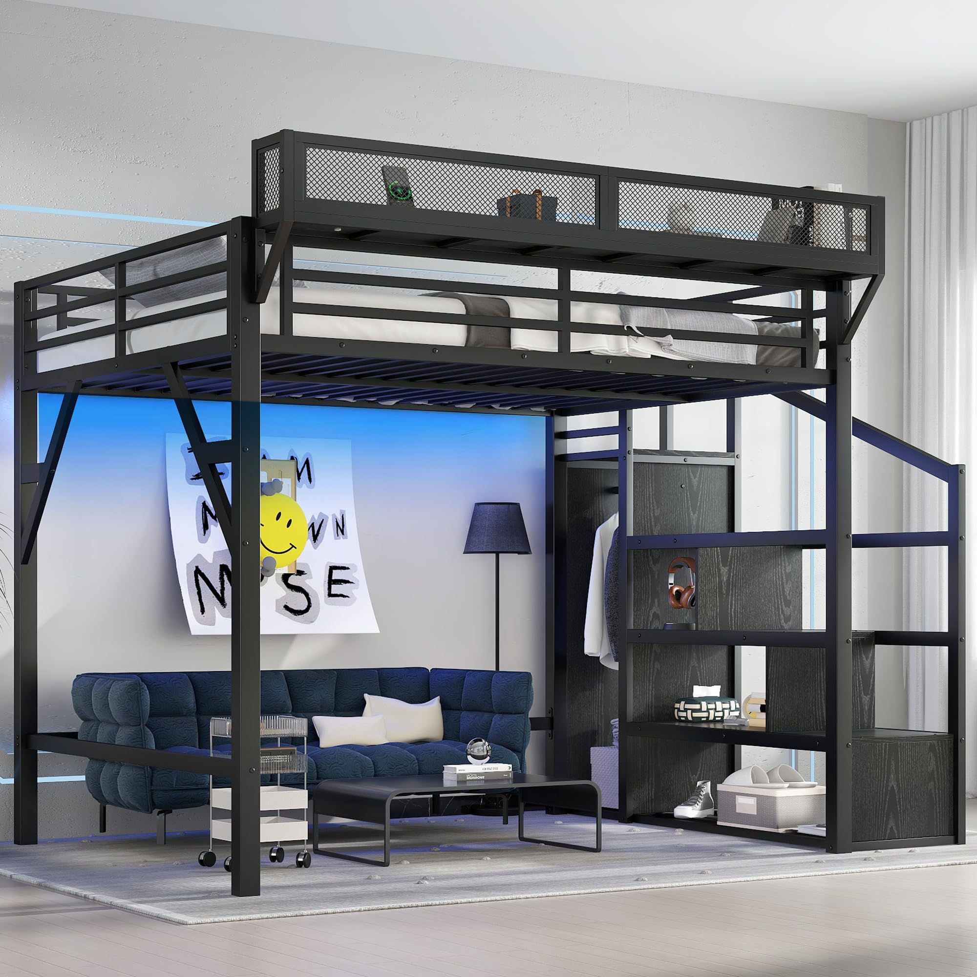 Photo 1 of Metal Queen Size Loft Bed with Stairs and Wardrobe,Heavy Duty Loft Bed Frame with LED Lights and Charging Station for for Kids, Teens, Adults,Black Woodgrain