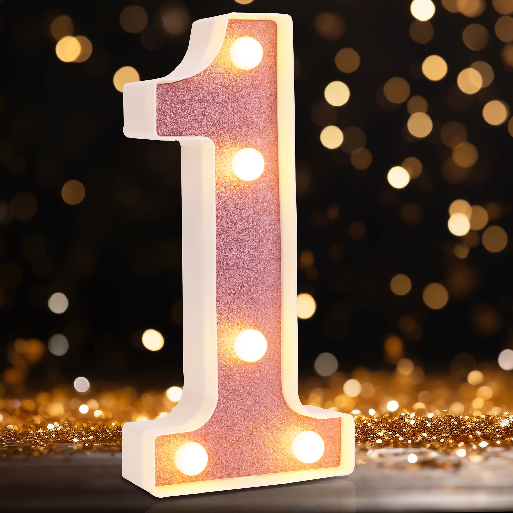 Photo 1 of LED Marquee Numbers, Small Light Up Numbers for Party, 8.58 Inch Battery Powered Lighted Number for Birthday, Night Light, Table or Home Decor (Pink Glitter, Number 1)