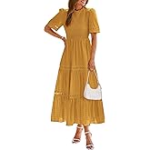 dowerme Summer Dresses for Women 2025 Casual Boho Hollow Out Short Sleeve Ruffle Mock Neck Smocked Maxi Gingham Sundress
