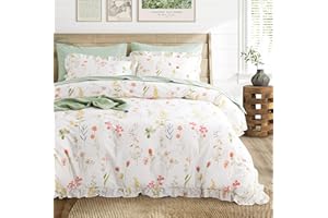 Wake In Cloud - Queen Size Duvet Cover Set, Shabby Chic Botanical Bedding, Ruffle Cute Floral Yellow Pink Green Flower on White Coquette Cottagecore, Women Teen Girls, 3-Piece