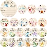 Deorfuy Dragon Monthly Baby Milestone Signs, 11PCS My First Holiday Milestone Cards Newborn Halloween Christmas Gift, Wooden Baby Announcement and Hello World Newborn Sign
