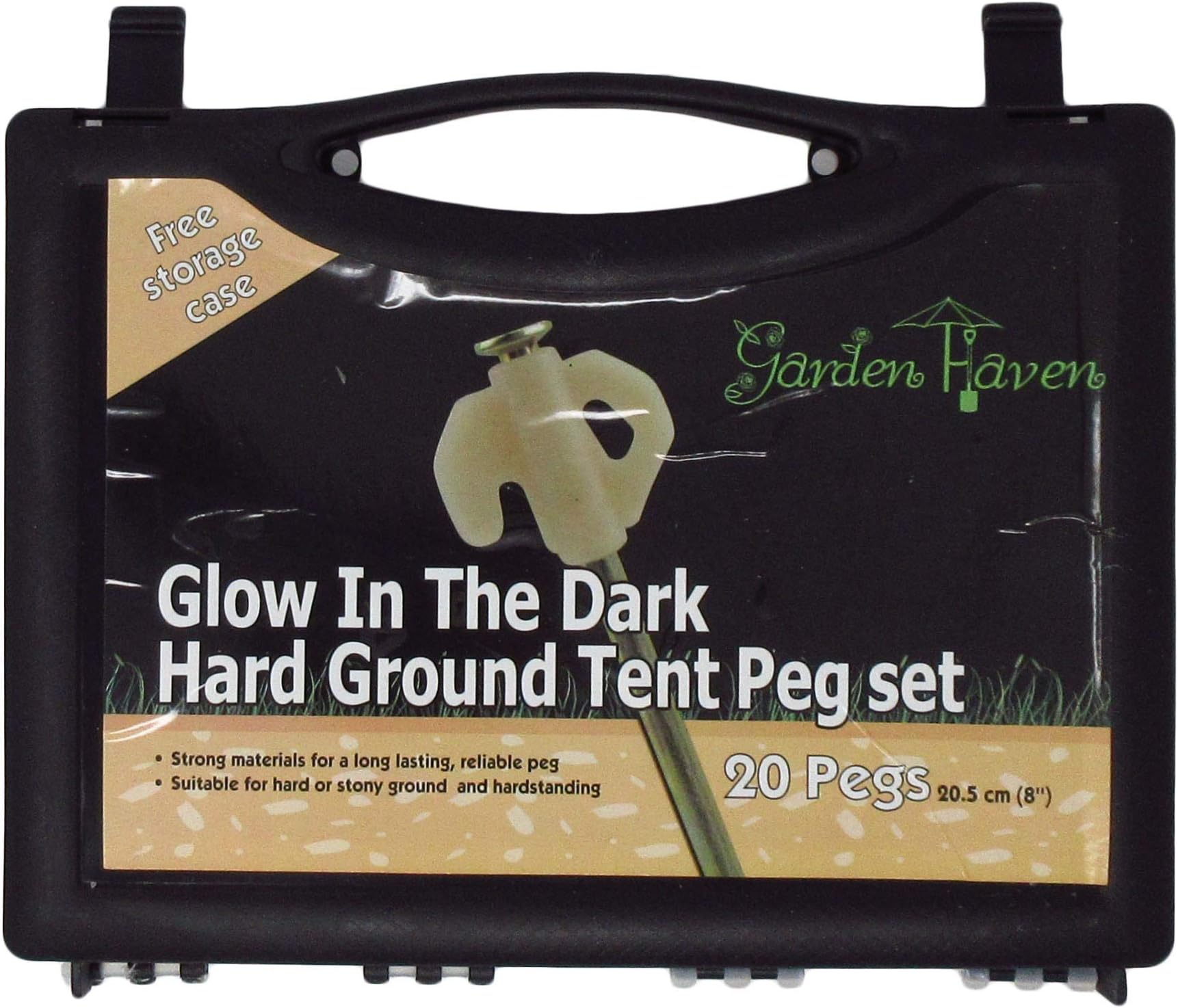 Garden HavenSteel Hard Ground Tent Camping Anchor Stakes with Luminous Glow-in-the-dark Heads - Set of 20-8 inch - Puller and Case Included