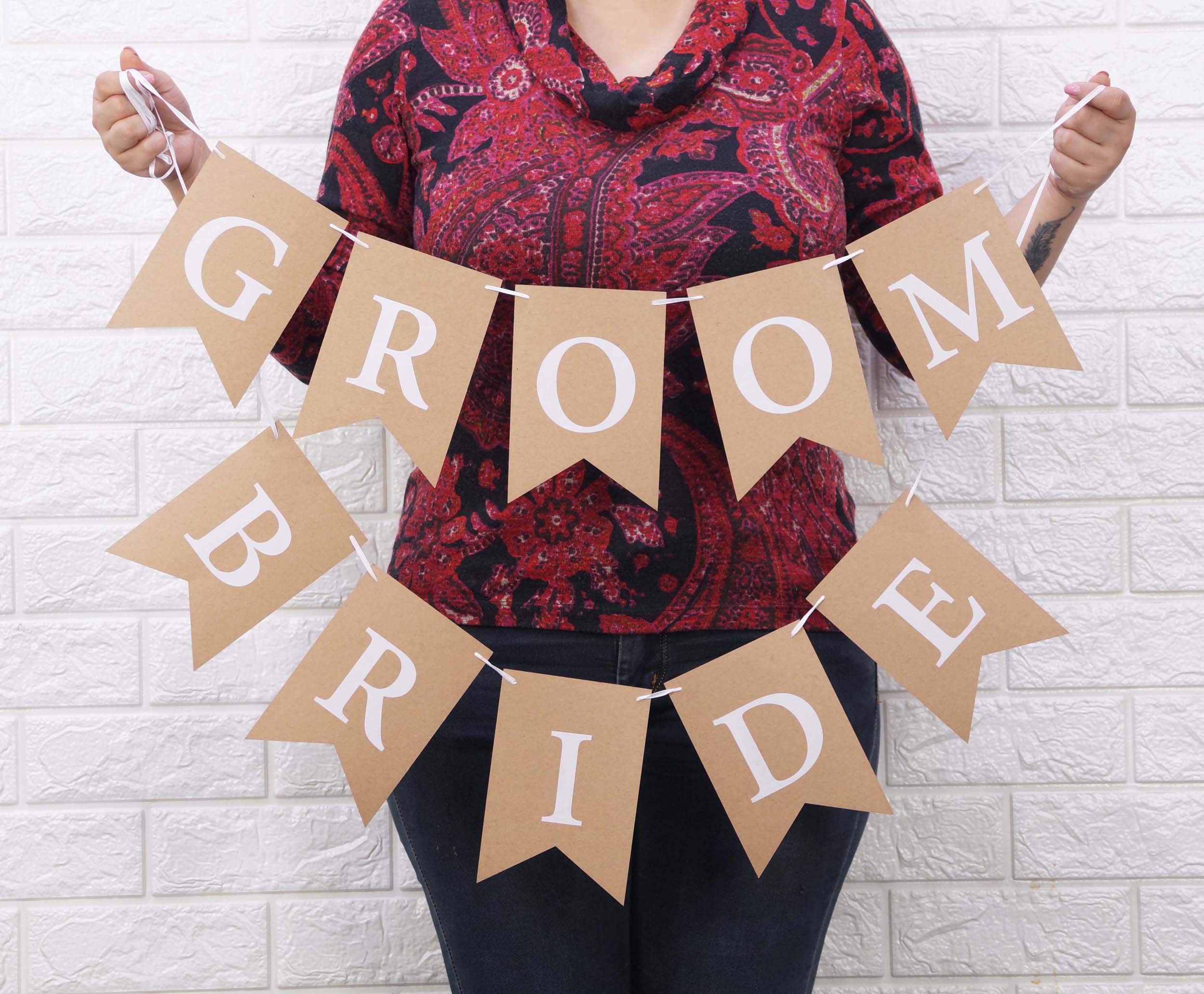 Inkdotpot Groom & Bride Kraft Pre Strung Bunting Photo Booth Props Sign Party Decoration DIY Wedding Banner