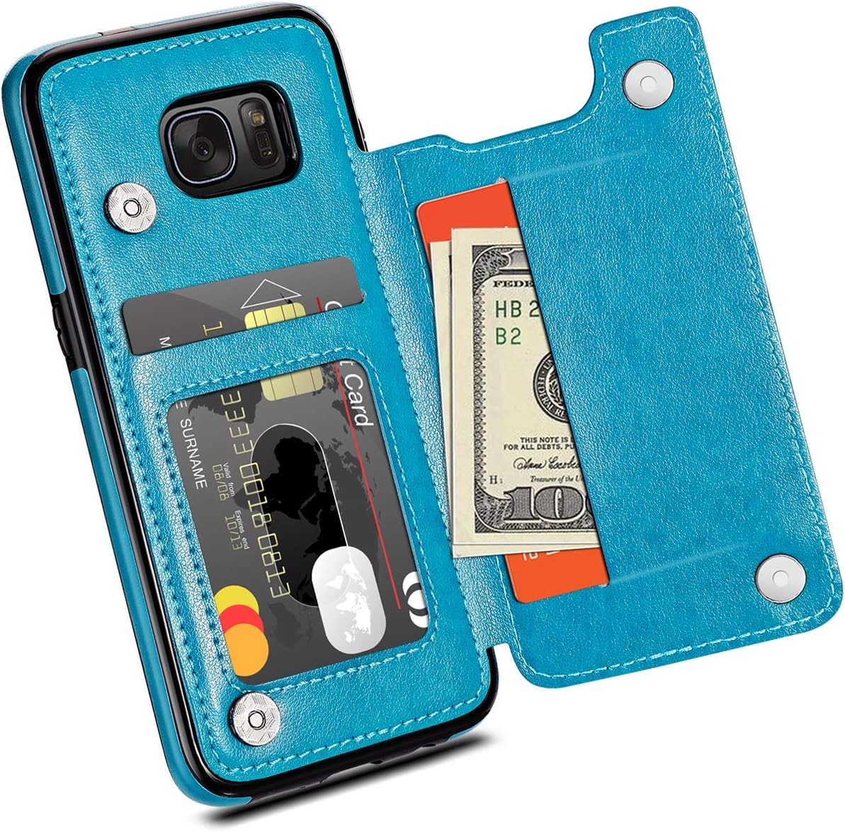 HianDier Wallet Case for Galaxy S7 Edge, Slim Protective Case with Credit Card Slot Holder Flip Folio Soft PU Leather Magnetic Closure Cover Case Compatible with Samsung Galaxy S7 Edge, Lake Blue