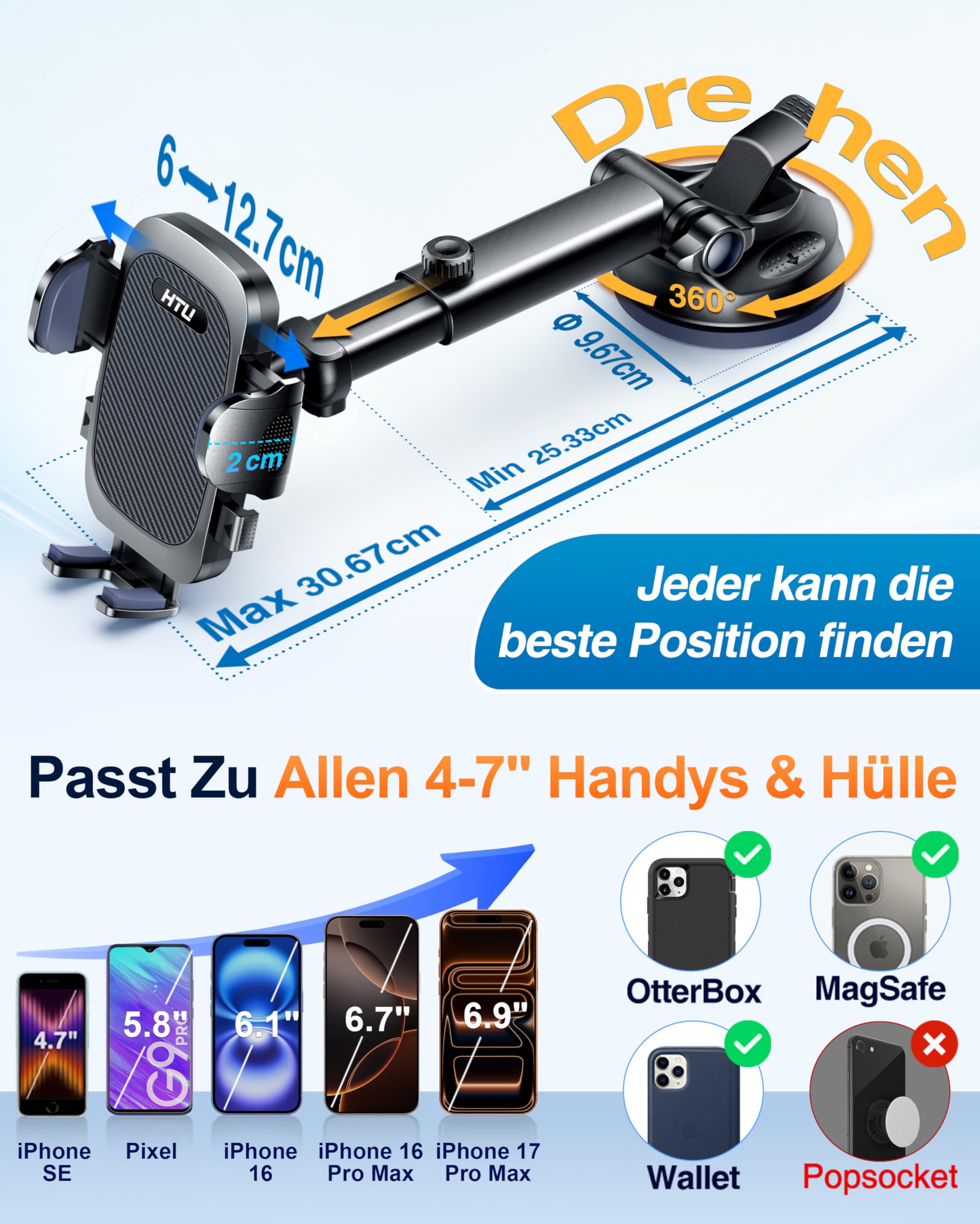 HTU Militär-Klasse Handyhalterung Auto mit [Stärkst Saugnapf & Clip] 9