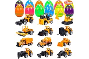 Lot de 12 œufs de Pâques remplis avec camion de construction en alliage, panier de Pâques pré-rempli pour enfants, garçons et