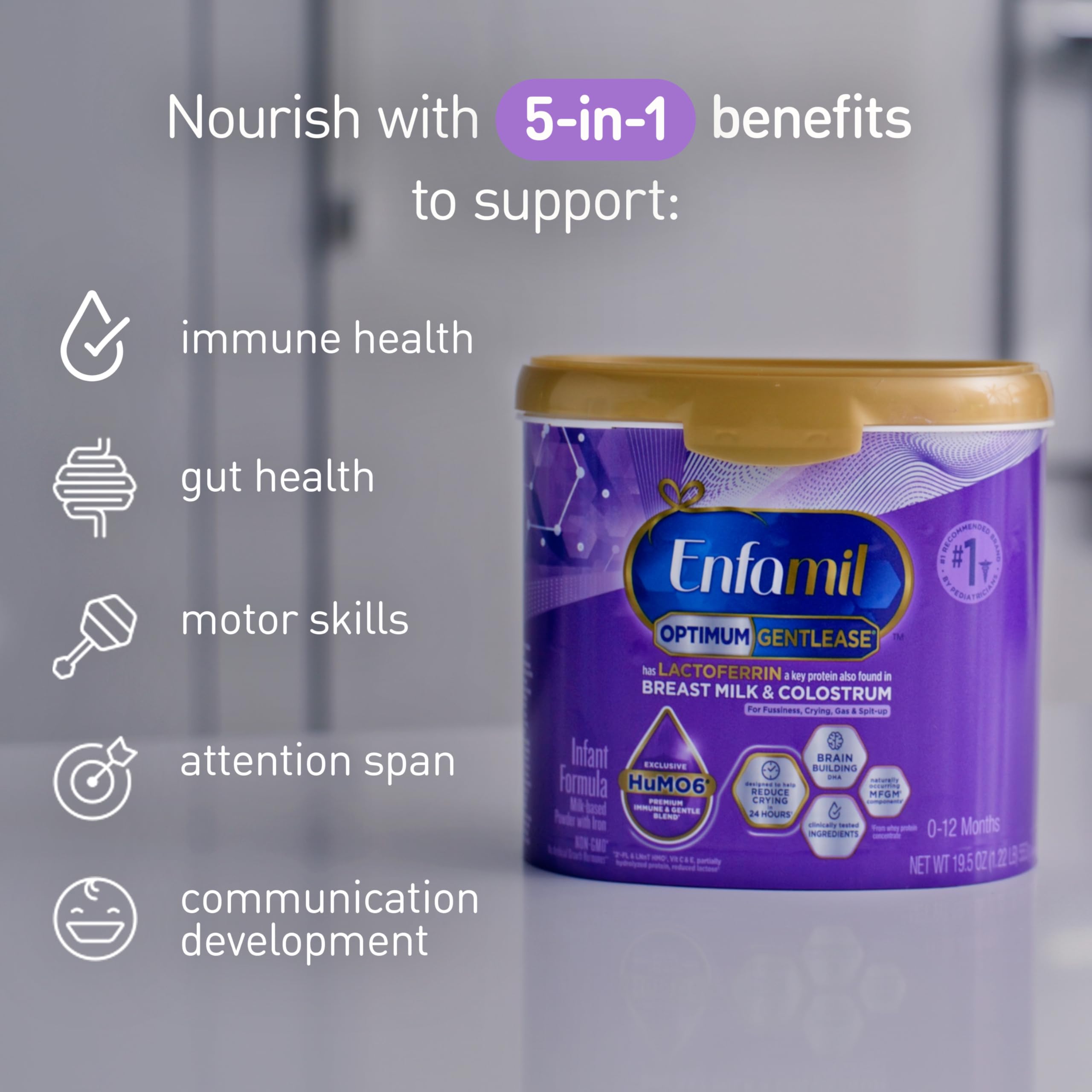 Enfamil Optimum (Enspire) Gentlease, Our Closest Formula to Breast Milk, Immune-Supporting Lactoferrin and Brain-Supporting DHA Baby Formula - Powder 19.5 Oz Tub
