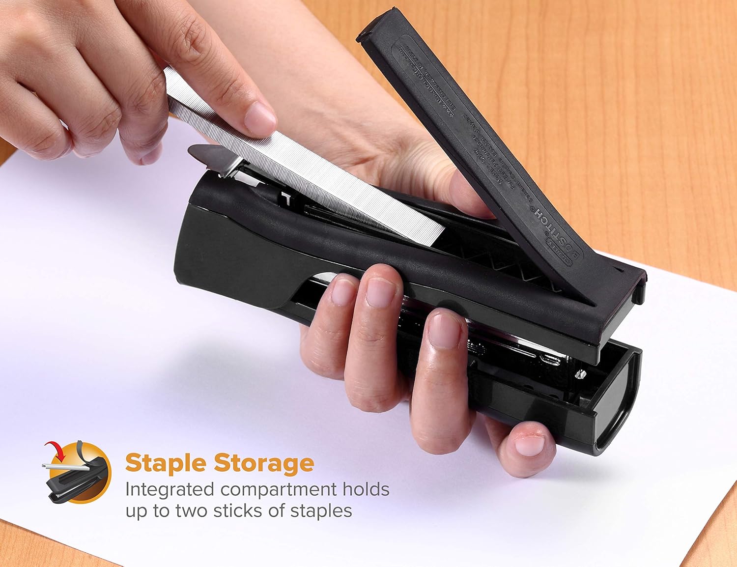 Bostitch Dynamo Stand-Up Stapler with Integrated Staple Remover and Staple Storage (B696-BLK) : Desk Staplers : Office Products
