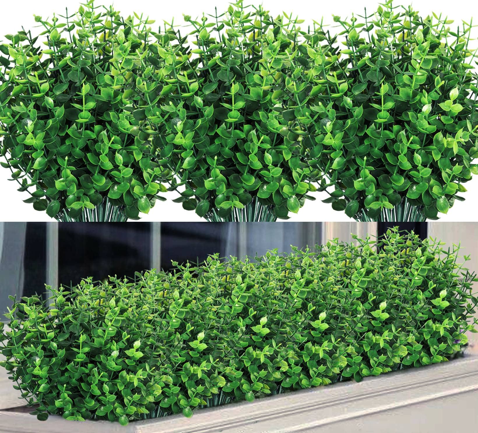 Ouddy Decor 8 Bundles Artificial Greenery Stems Fake Plants Outdoor UV Resistant Faux Plastic Boxwood for Kitchen Office Garden Porch Farmhouse Window Box Home Decor
