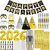 New Years Eve Party Supplies 2026 for 24, New Years Eve Party Decorations, a Banner, 12 Hat, 12 Glasses, 24 Blowouts, 12 Leis, 12 Necklaces 2 Foil Fringe Curtains,32 Inches "2026" Foil Balloons