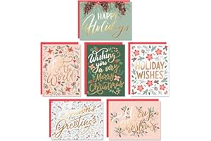 SWEETZER & ORANGE Christmas Cards Set - 24 Gold Foil Holiday Cards with Red Envelopes – 6 Assorted Designs Boxed for Easy Storage - Bulk Greeting and New Years Cards - 4.25”x5.75”
