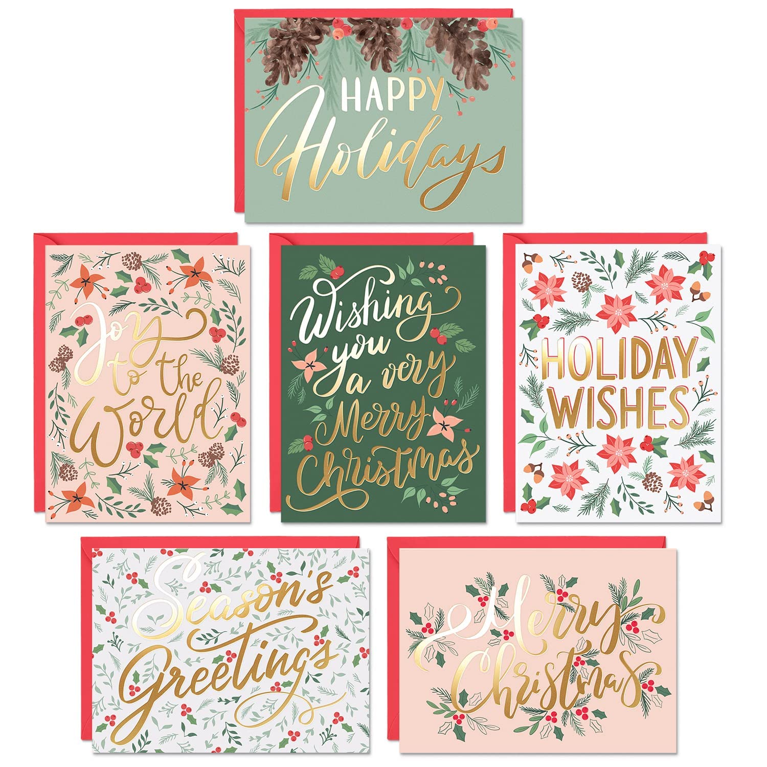 Christmas Cards Set - 24 Gold Foil Holiday Decor Sheets with Red Envelopes – 6 Assorted Designs Boxed for Easy Storage - Bulk Greeting and New Years sheets - 4.25”x5.75”
