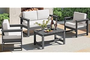 SERWALL 4 Pieces HDPE Outdoor Sofa Set with Cushions, All Weather Use Loveseat Furniture Sofa Set, Outdoor Conversation Couch with Coffee Table for Patio, Grey Frame with Khaki Cushions