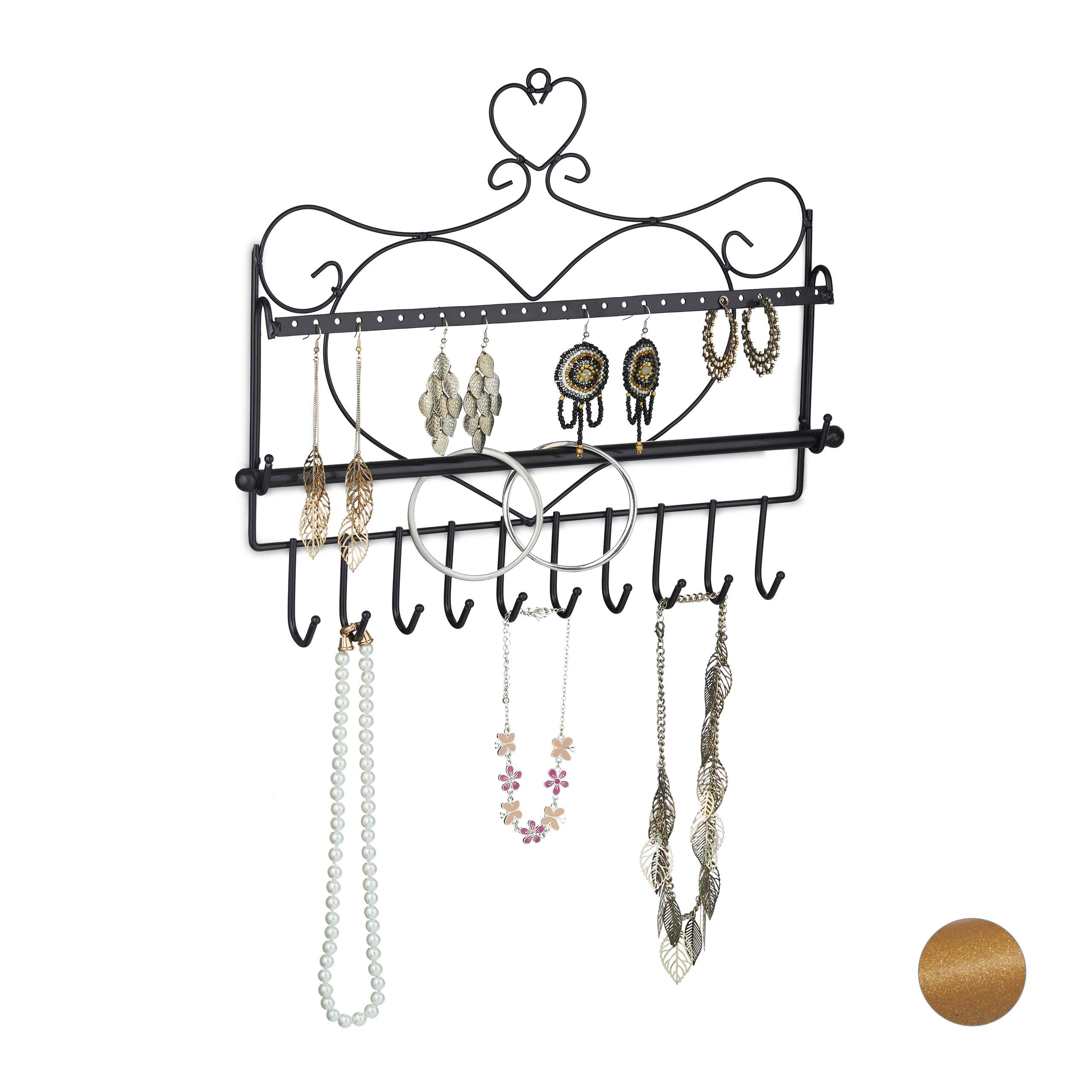 Relaxdays Jewellery Wall Rack, Necklaces, Earrings & Bracelets, Heart Shape, H x W x D 30 x 36.5 x 3.5 cm, Iron, Black