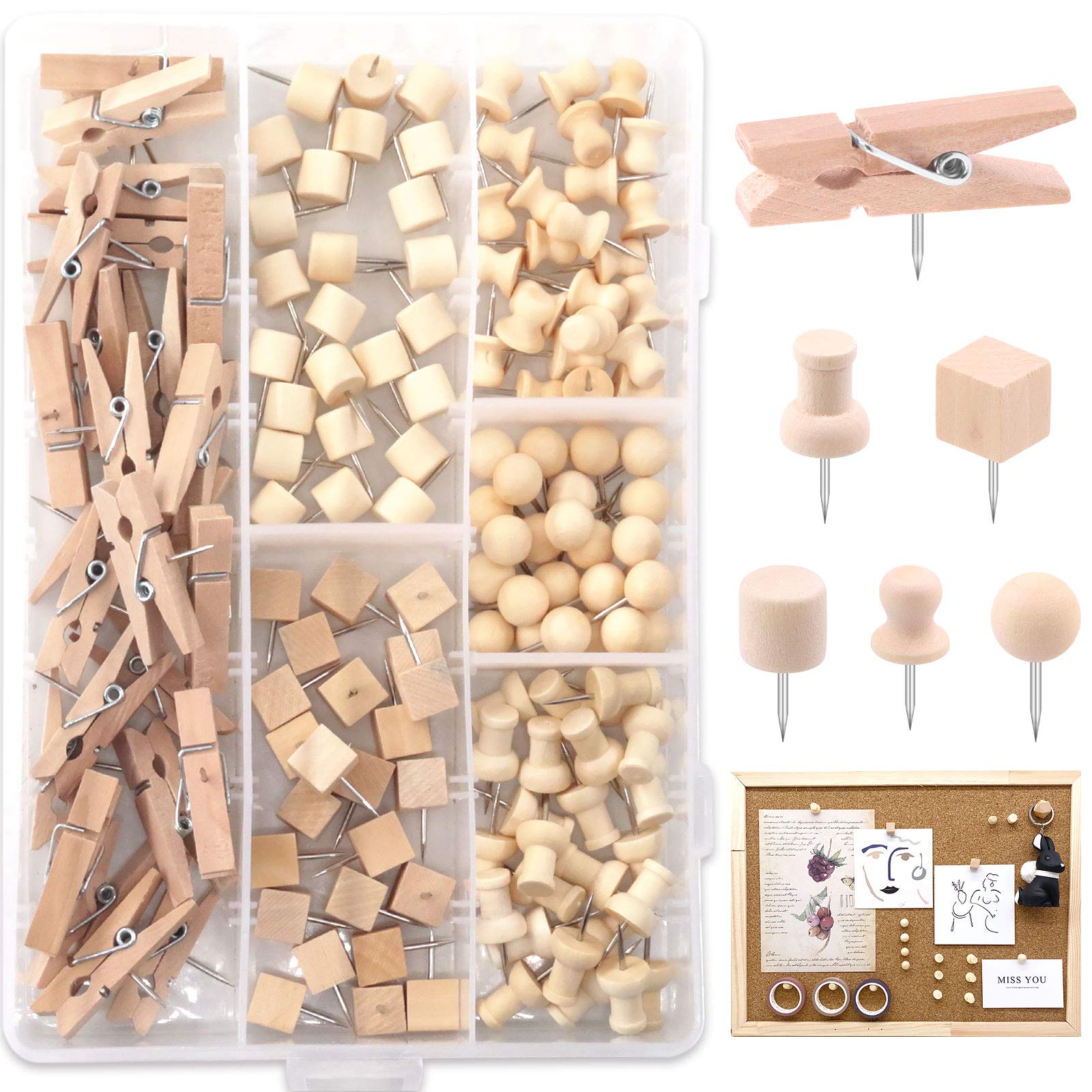 Keadic 135 Pcs 6 Types Wood Push Pins, Walnut Push Pins for Cork Board, Wooden Head Pins Steel Point Thumb Tacks for Photos, Maps, and Bulletin Boards (Square, Ball, Hat, Clips, I-Shaped, Cylinder)