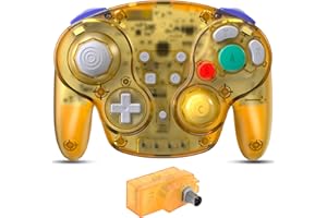 SAFFUN 2.4 GHz Wireless GameCube Controller, for NGC GameCube Console (Built-in Rumble) (Analog Stick) (Analog Triggers) (Rechargeable) (Plug and Play) Clear Yellow
