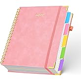 FREBLASO 5 Subject Notebook with Removable Dividers Tabs, 300 Pages Leather Hardcover Spiral Notebook College Ruled, 8"x10" Large B5 Notebooks for Work School, Lined Journal for Women, Pink