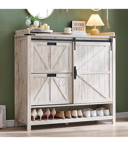 Farmhouse Shoe Cabinet With Bench & Motion Sensor Light - 3 Drawer, Holds 24 Pairs, Rustic Grey