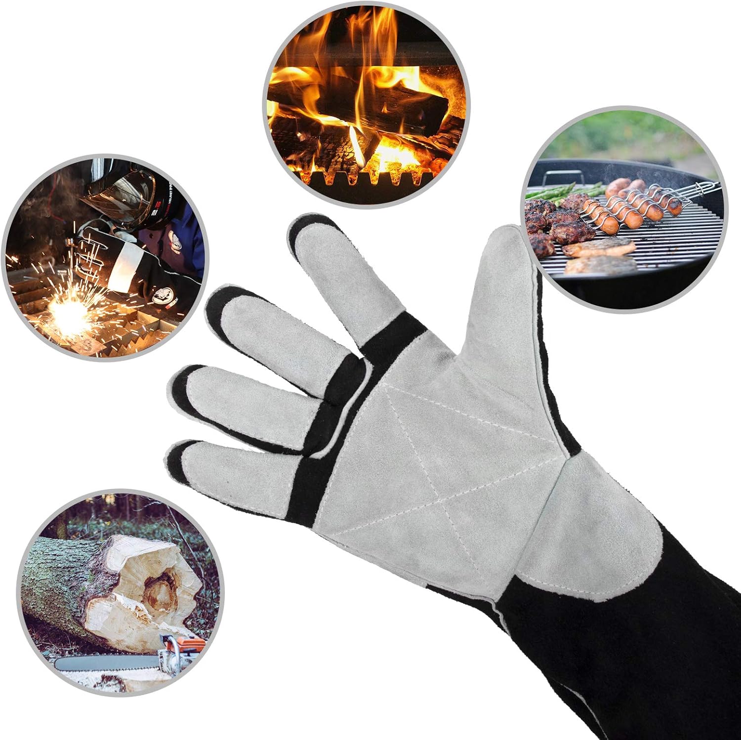 YESWELDER 16 Inches, 932℉, Leather Forge MIG Welding Gloves, with Kevlar Stitching Heat/Fire Resistant, Palm Reinforcements, Black-Gray - - 