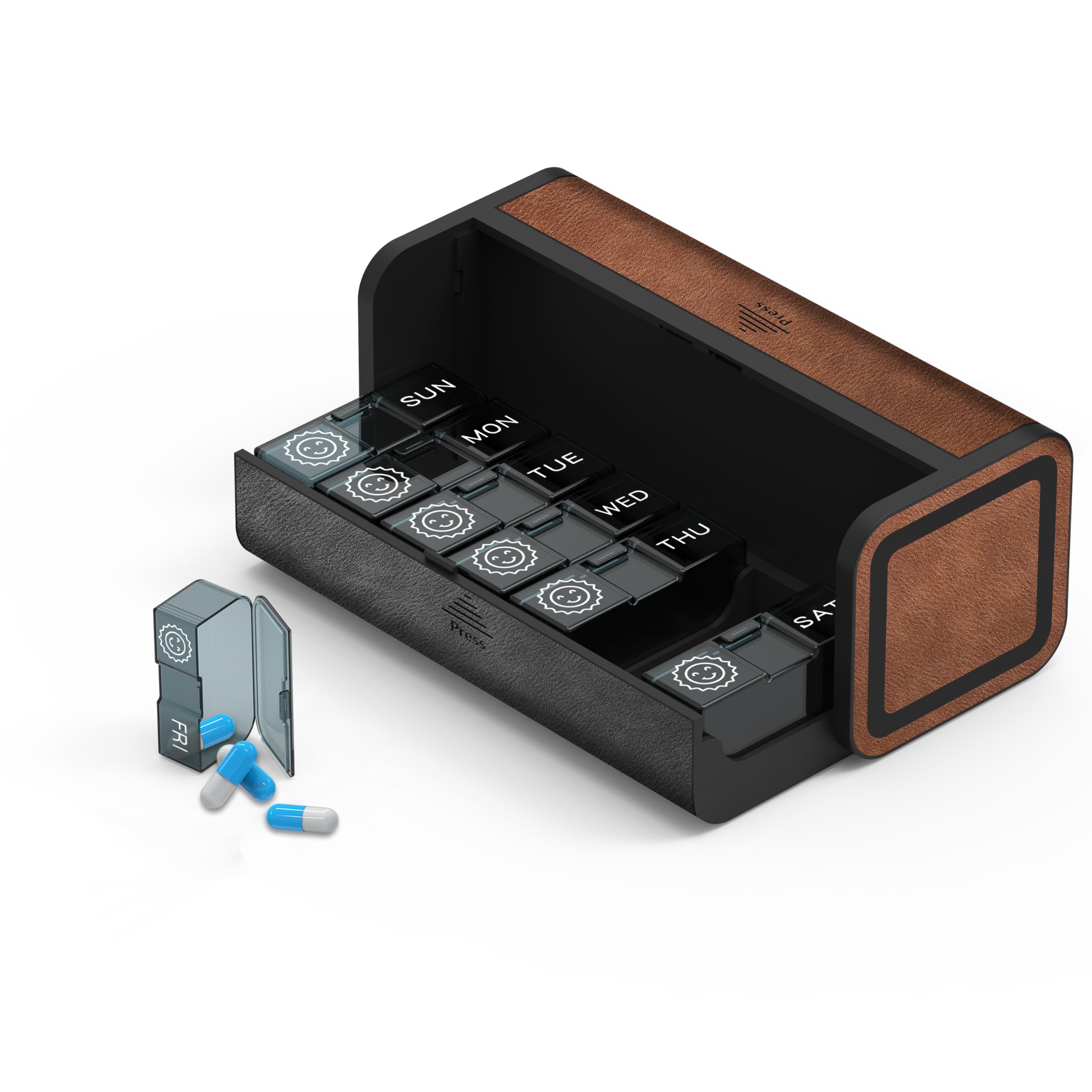 Kqimi Pill Box 7 Day, Weekly Pill Organiser 2 Times a Day,Travel Tablet Organiser, Medicine Storage Boxes,Medication Case Hold Vitamin (Black and Brown)