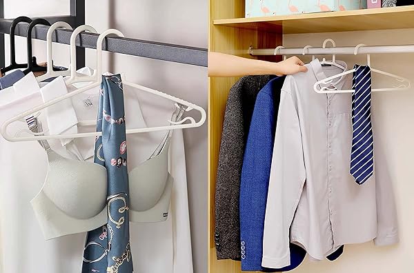 BYOMOSTOR BLACK PLASTIC HANGERS 50 PACK, LIGHT WEIGHT DURABLE CLOTHES HANGERS G-SHAPE STANDARD SIZE NON-SLIP COAT HANGER ADULT CLOTHES HANGERS FOR LAUNDRY & EVERYDAY USE -SLIM & SPACE SAVING